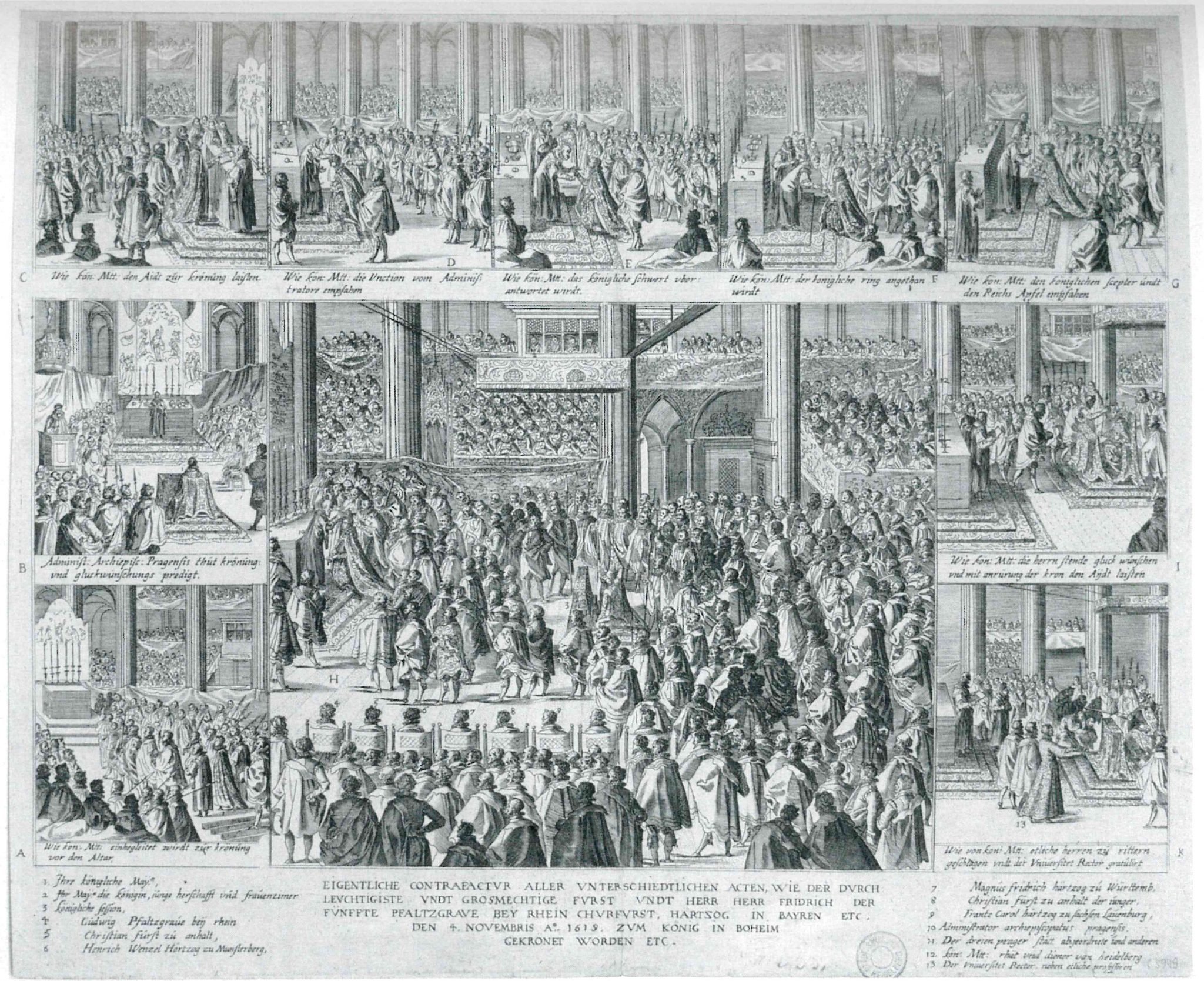 Anonym, Krönung Friedrichs V. von der Pfalz zum böhmischen König, zeitgenössischer Stich, o.O., 1619 (Herzog August Bibliothek Wolfenbüttel, Inv. Nr. IH 526)