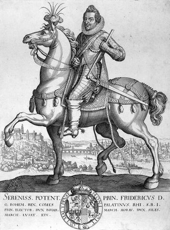 Anonym, Reiterbild Friedrichs V. als böhmischer König vor dem Hintergrund Prags, zeitgenössischer Stich, o.O., 1619/1620.