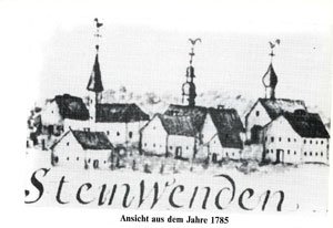 Gemalte Stadtansicht, darunter steht Steinwenden, Ansicht aus dem Jahre 1785