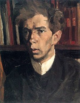 Gemaltes Porträt des jungen Theodor Heuss vor einem Bücherregal