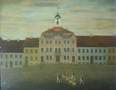 Bild des Pirmasenser Rathauses von Johann Michael Petinger, davor einige Soldaten.