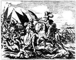 Nicht-zeitgenössisches Historiengemälde der Göllheimer Schlacht auf dem Albrecht I. auf einem Pferd sitzend seine Gegner Adolf von Nassau niederstreckt, welcher vom Pferd fällt. Im Hintergrund kämpfende Heere.